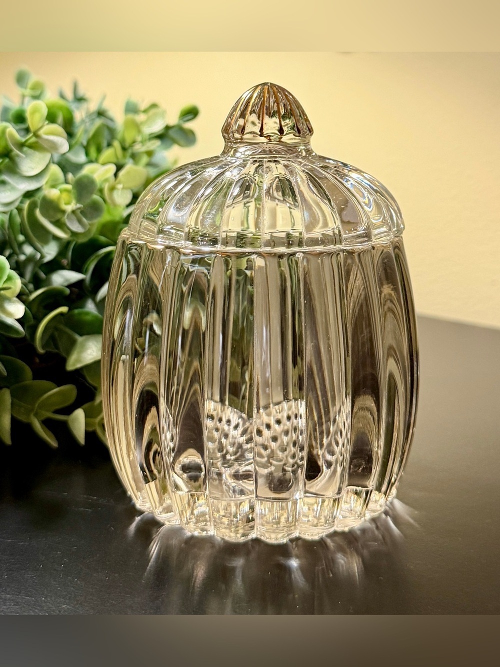 JEANETTE GLASS, HEAVY, RIBBED, CLEAR GLASS TRINKET JAR WITH LID.